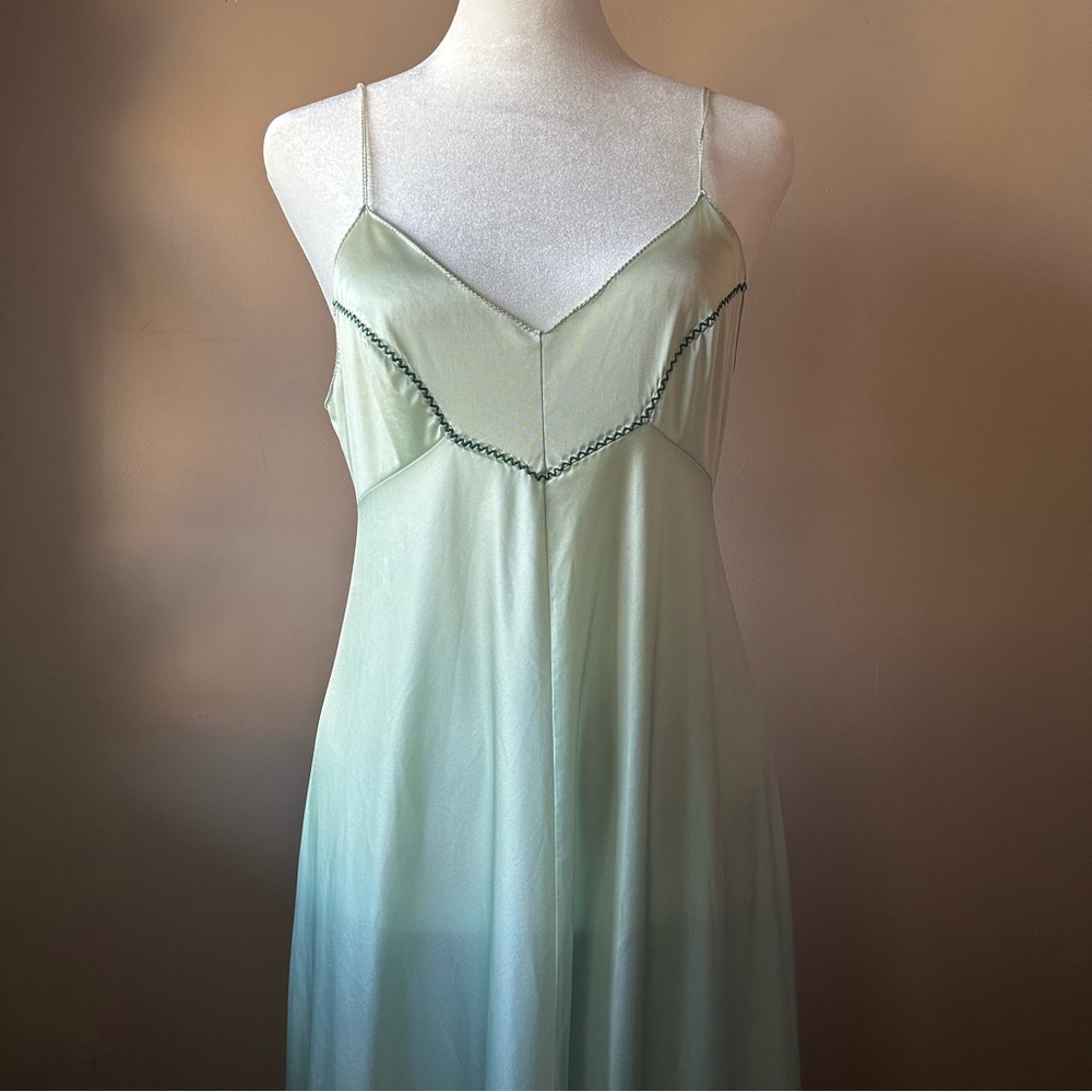 Vintage 70s Pale Green Vassarette Chevron Striped Nightgown